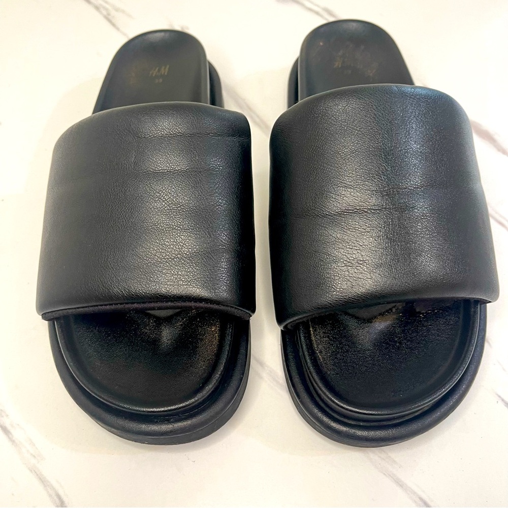 H&M Chunky Platform Sandals Open Toe SlipOn Slide Black Faux Leather US Sz 8-8.5 - Picture 3 of 7